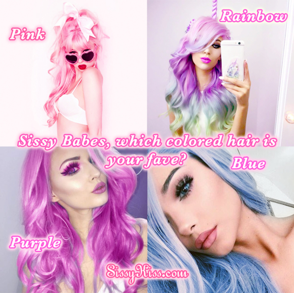 What beautiful colored hair is your fave sissy girls?, colored hair,pink hair,rainbow hair,unicorn hair,purple hair, Sissy Fashion,Dolled Up,Feminization