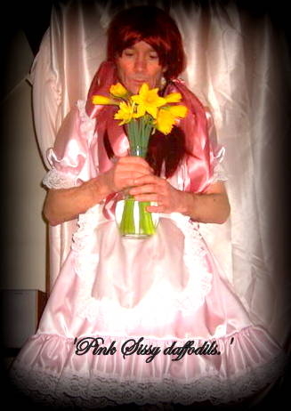 Pink satin sissy. - Pink satin sissy with daffodils., Pink satin sissy., Sissy Fashion