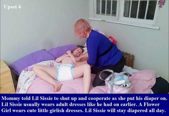 Upset 1 - 7 - Lil Sissie is an adult crossdresser who refused to go to Aunt Sally's wedding. He is forced to go as a flower girl., Flower Girl,Lil Sissie,Diaper,Dress, Adult Babies,Feminization,Sissy Fashion,Identity Swap
