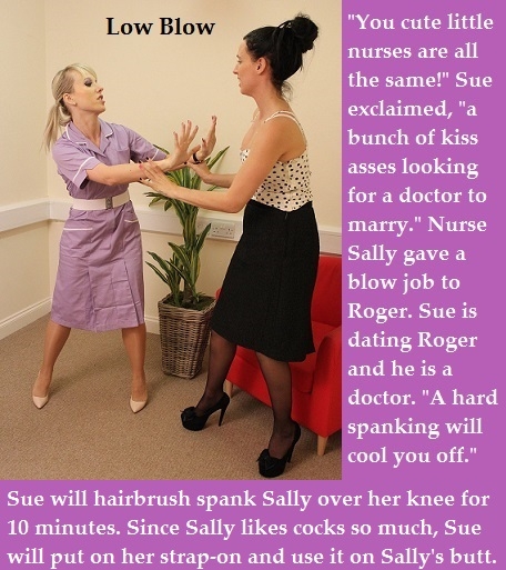 Low Blow - A captioned picture by Baby Butch., Dominated,Nurse,, Oral Sex,Sex Toys,Humiliation