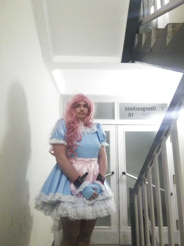 Sissy on the Stairways - Shy and obedient sissys waiting on the stairways., Sissy,Humiliation,Outdoor,public, Sissy Fashion,Hormones,Dolled Up