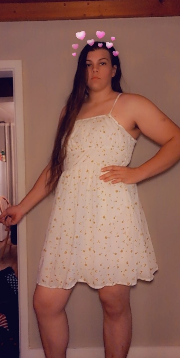 New Dress! -  Sissy in a White Dress w/ Small Sunflowers, dress-up,fashion, Feminization,Sissy Fashion,Dolled Up
