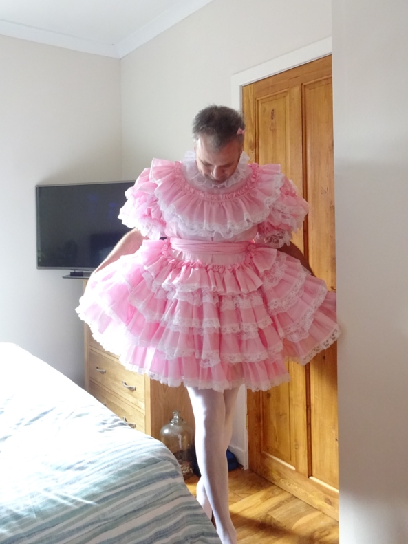 Hello Everybody - Myself all in my lovely pink party frock, Sissy,Dress,Pink,Frock,bow,tights, Dolled Up,Adult Babies,Feminization,Sissy Fashion