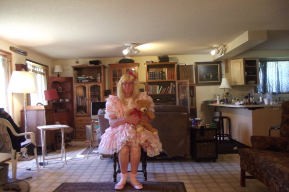 me and Teddy - teddy is camera shy, sissy; pink; formal; , Feminization,Adult Babies