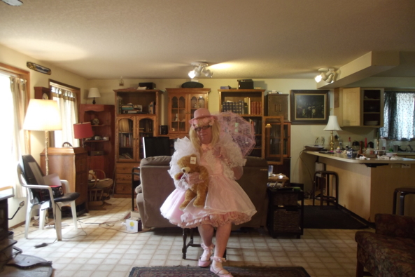 sitting pretty? - Teddy! hold still!, sissy,crossdress,pink,, Feminization,Dolled Up,Sissy Fashion