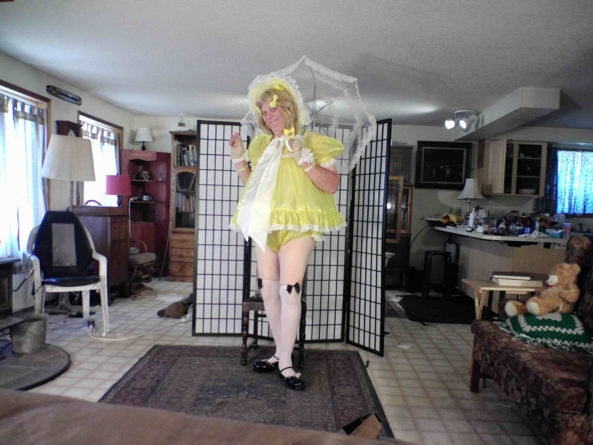 Playing with Teddy - a satin yellow sissy baby dress, sissy,baby,yellow,, Feminization,Adult Babies,Sissy Fashion