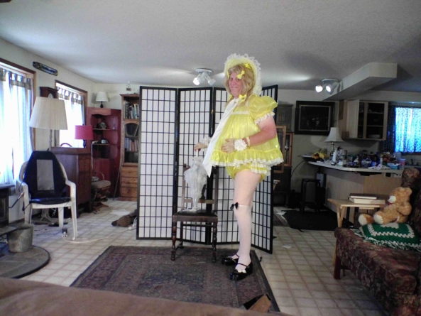 Playing with Teddy - a satin yellow sissy baby dress, sissy,baby,yellow,, Feminization,Adult Babies,Sissy Fashion