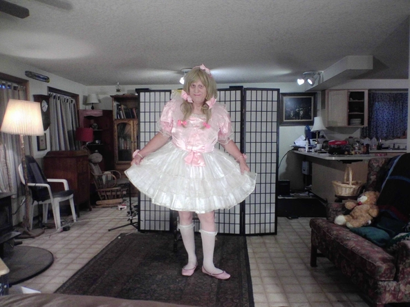 frilly lace on pink satin - a sweet number by a custom dress maker, sissy,fashion, Feminization,Sissy Fashion