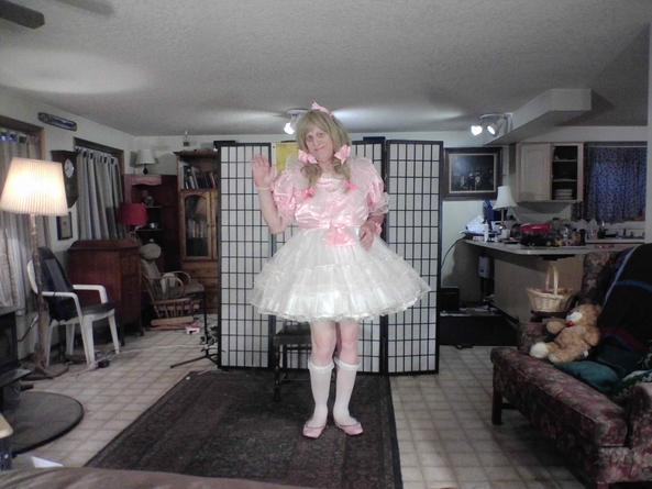 frilly lace on pink satin - a sweet number by a custom dress maker, sissy,fashion, Feminization,Sissy Fashion