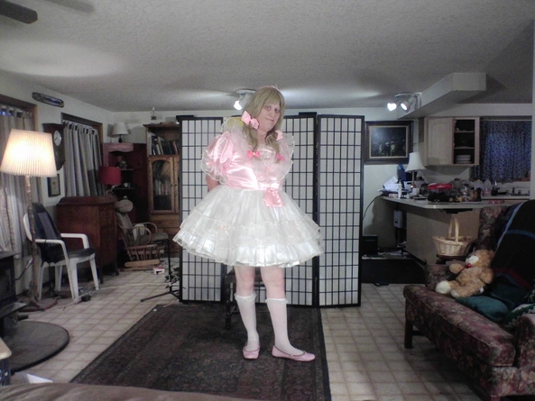 frilly lace on pink satin - a sweet number by a custom dress maker, sissy,fashion, Feminization,Sissy Fashion