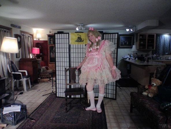 pink polka-dot and rather prissy - a custom dress I commisioned that Barbara now sells in her catalog, Sissy,fashion,prissy, Feminization,Sissy Fashion