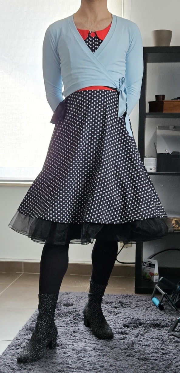 working from home - hey there friends, it's been a while. i was able to work from home today so i pulled some girlie outfit together :), dress,heels,petticoat,tights, Feminization