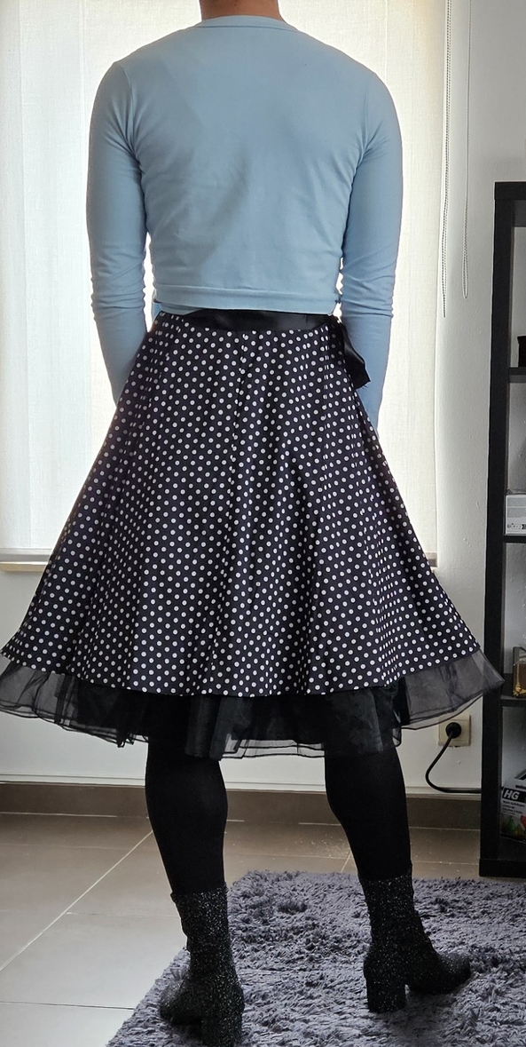 working from home - hey there friends, it's been a while. i was able to work from home today so i pulled some girlie outfit together :), dress,heels,petticoat,tights, Feminization