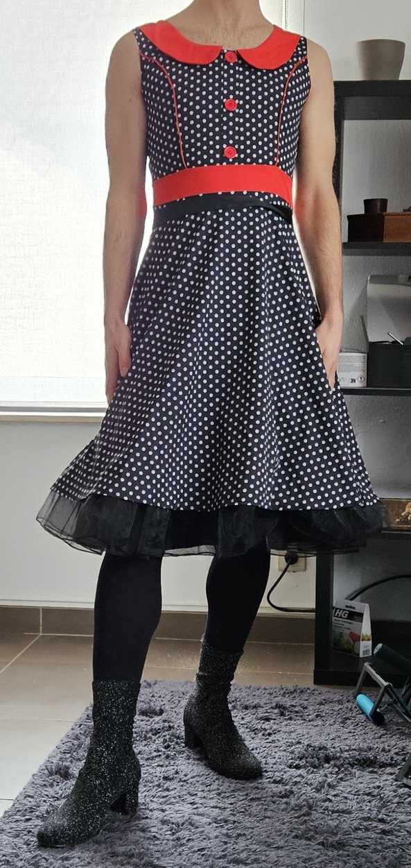 working from home - hey there friends, it's been a while. i was able to work from home today so i pulled some girlie outfit together :), dress,heels,petticoat,tights, Feminization
