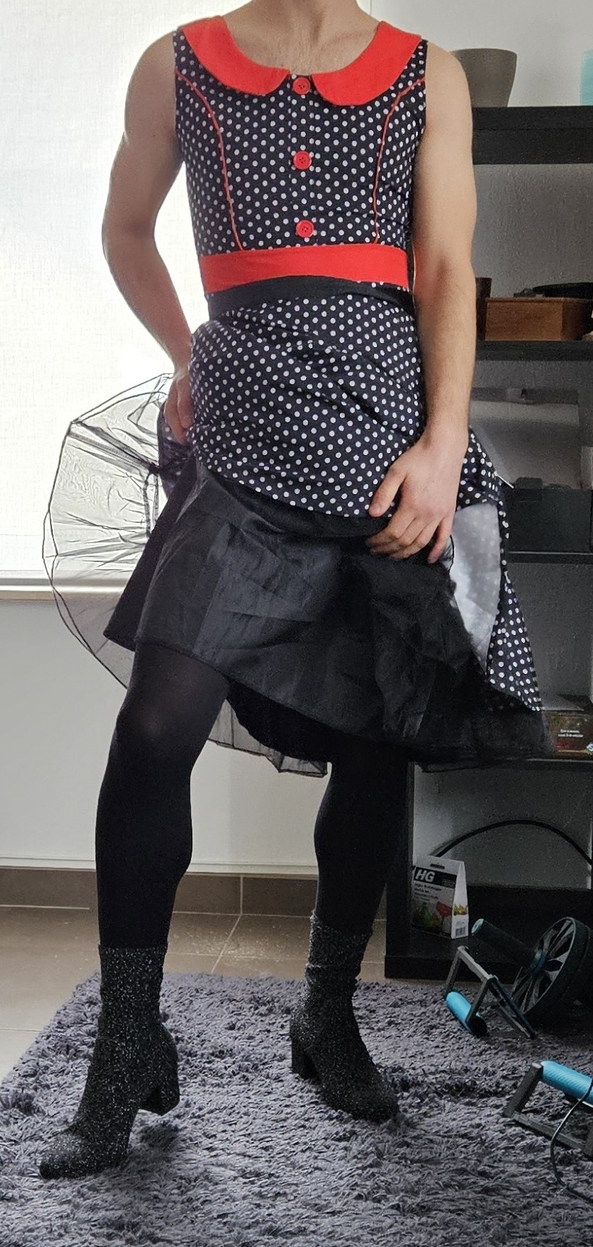 working from home - hey there friends, it's been a while. i was able to work from home today so i pulled some girlie outfit together :), dress,heels,petticoat,tights, Feminization