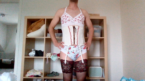 feeling girly today - I bought some new lingerie. I'm trying it on with a nice dress and petticoat., dress,stockings,lingerie, Sissy Fashion,Dolled Up,Feminization