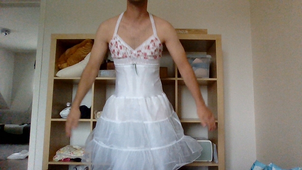 feeling girly today - I bought some new lingerie. I'm trying it on with a nice dress and petticoat., dress,stockings,lingerie, Sissy Fashion,Dolled Up,Feminization