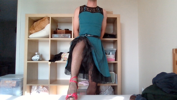 leotard and dress combo - dressing up is fun :) I tried another leotard and dress combo. this time with fishnets and heels. Do you like the dress up process? any suggestions? what else should i do?, ballet,petticoat,dress,heels,leotard, Feminization,Sissy Fashion,Dolled Up
