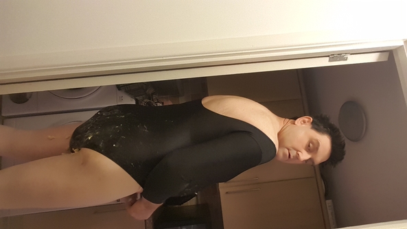 black leotard splosher - filling my leotard with  mashed up bananas, leotard sploshing, Masterbation