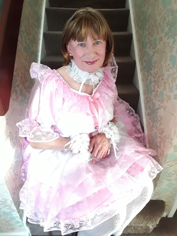 In love with pink - Showing off my pink and white dress then sent into the garden to play. Musn't get my new dress dirty though., sissy pink bonnet bloomers ribbons bows petticoats, Adult Babies,Feminization,Sissy Fashion,Dolled Up
