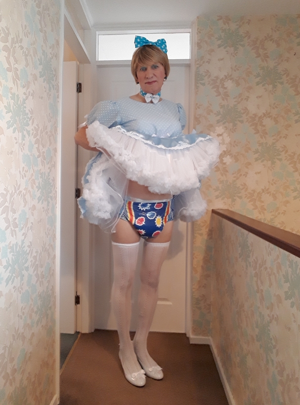 Fashion Show 3 - One of my blue satin dresses to show off my panties and nappy., Sissy,Satin dress,nappy, Feminization,Slow Change,Diaper Lovers