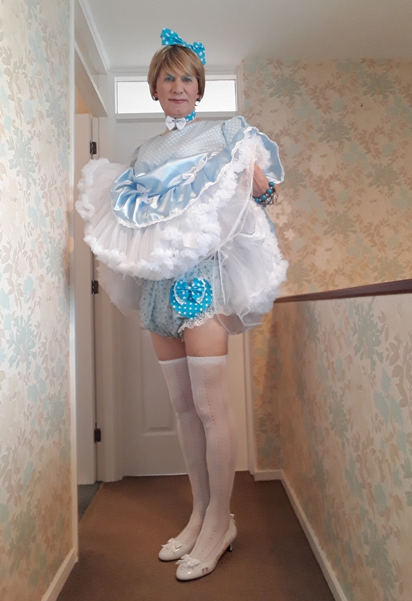 Fashion Show 3 - One of my blue satin dresses to show off my panties and nappy., Sissy,Satin dress,nappy, Feminization,Slow Change,Diaper Lovers
