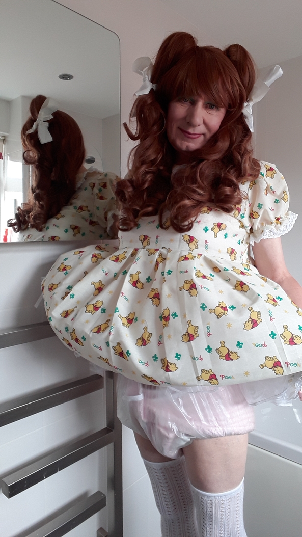 Play time - In my new Winnie the Pooh dress, sissy baby,bottle feeding,diaper,teddy,baby toys,plastic panties, Adult Babies,Feminization,Diaper Lovers,Sissy Fashion