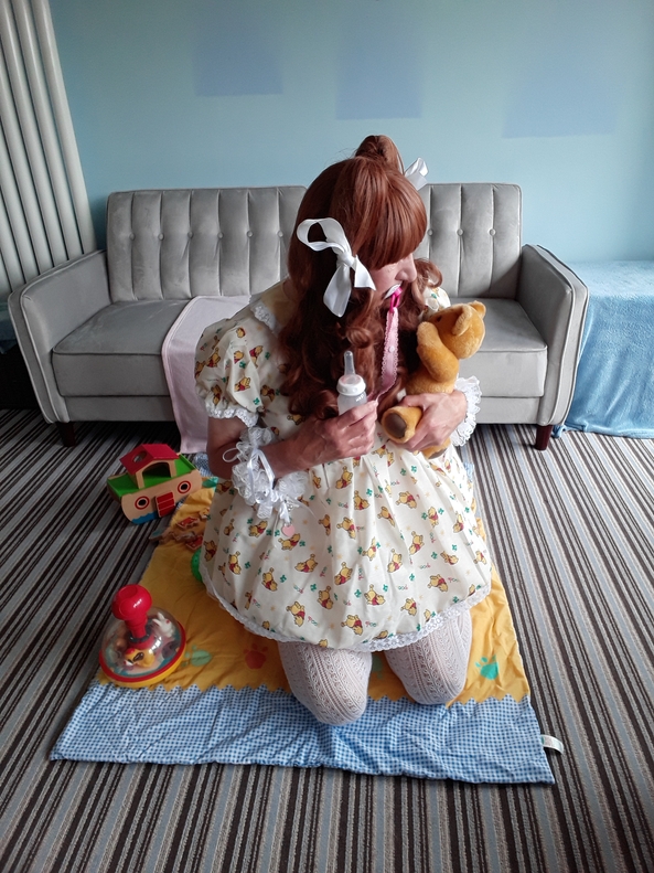 Play time - In my new Winnie the Pooh dress, sissy baby,bottle feeding,diaper,teddy,baby toys,plastic panties, Adult Babies,Feminization,Diaper Lovers,Sissy Fashion