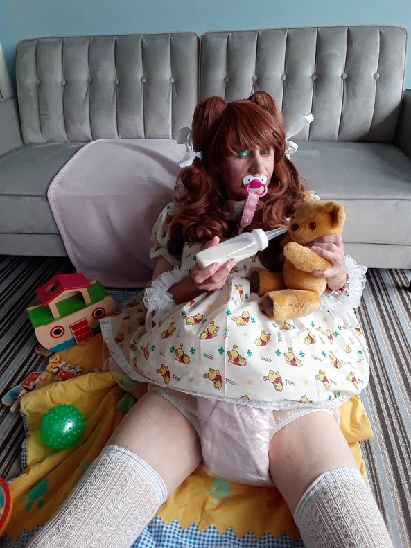Play time - In my new Winnie the Pooh dress, sissy baby,bottle feeding,diaper,teddy,baby toys,plastic panties, Adult Babies,Feminization,Diaper Lovers,Sissy Fashion