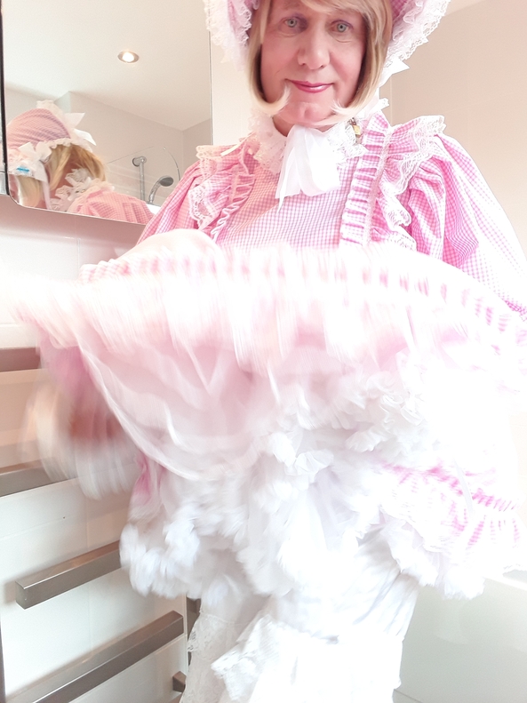 My gingham dress and bonnet - Showing off my new dress for auntie., Gingham,sissy,bonnet,baby reins,bib,dummy, Adult Babies,Feminization,Slow Change,Sissy Fashion,Dolled Up