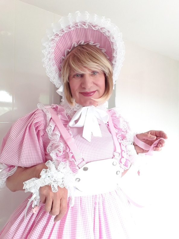 My gingham dress and bonnet - Showing off my new dress for auntie., Gingham,sissy,bonnet,baby reins,bib,dummy, Adult Babies,Feminization,Slow Change,Sissy Fashion,Dolled Up
