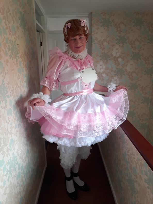 In love with pink - Showing off my pink and white dress then sent into the garden to play. Musn't get my new dress dirty though., sissy pink bonnet bloomers ribbons bows petticoats, Adult Babies,Feminization,Sissy Fashion,Dolled Up
