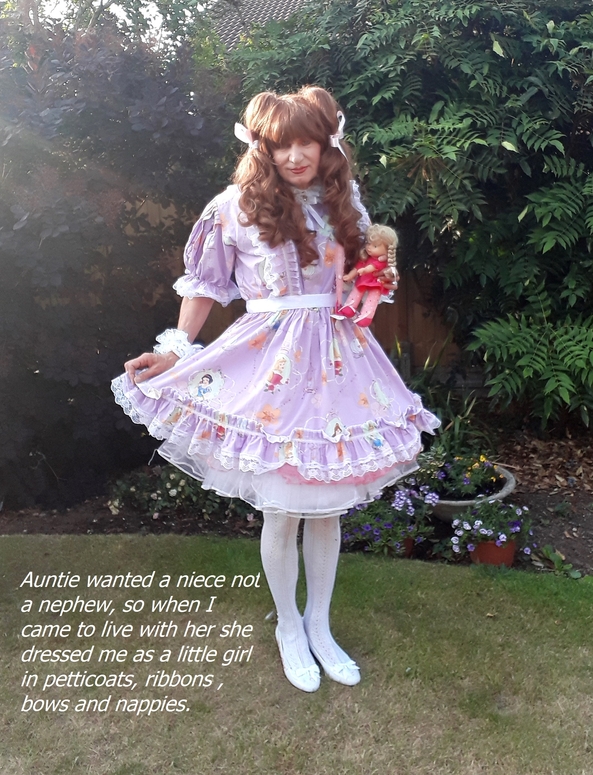 Auntie wants a niece - Since I came to live at Auntie's house she's been feminising me, putting me in nappies and turning me into a little girl and showing me off to her friends. Secretly I'm loving my new life with lots of hugs and spankings from Auntie., Sissification,nappies,dummy,pretty dress, Adult Babies,Feminization,Slow Change,Sissy Fashion,Diaper Lovers