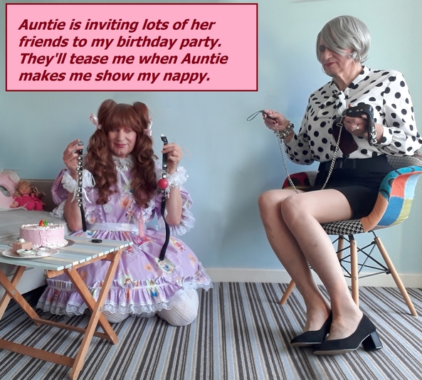 Birthday Party - Auntie has bought me lots of presents to show off to her friends so they can see what an obedient little girl I am., Sissy girl,dummy,nappy,baby reins,collars and leads, Adult Babies,Feminization,Slow Change,Sex Toys,Sissy Fashion,Diaper Lovers