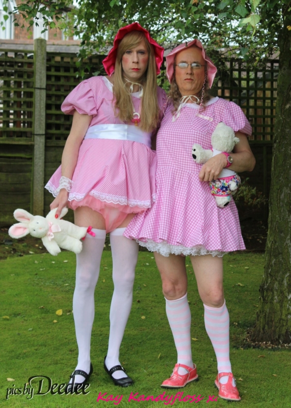 Two little sissy girls in the pink - My friend Deedee came to visit this last week. Here we are being little sissy sisters in nappies and pink gingham in my garden., Sissy,sissy girl,cross dresser,nappy,diapers,dresses,outdoors,sissy baby, Adult Babies,Feminization,Sissy Fashion,Dolled Up,Diaper Lovers