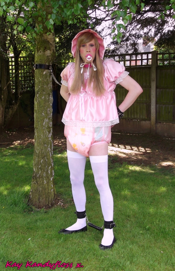 Outdoor sissy baby humiliation. - I've been a naughty girl so I ended up all chained up outdoors in a very little pink dress with nappies and plastic panties for all to see., sissy,sissy baby,punishment,humiliation,nappy,diaper,plastic panties,dress,bondage,outdoors, Adult Babies,Feminization,Dominating Mistress Or Master,Dolled Up,Bondage,Diaper Lovers
