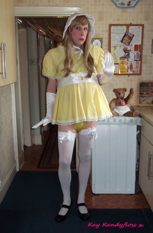 Sissy Baby Kay - in yellow and white today. - Hiya! Mistress wanted me to be a little sissy baby today with Sammy Sissybear. :-), sissy,sissy baby,humiliation,baby clothes,nappies,diapers,plastic panties,dresses,, Adult Babies,Feminization,Dominating Mistress Or Master,Dolled Up,Diaper Lovers