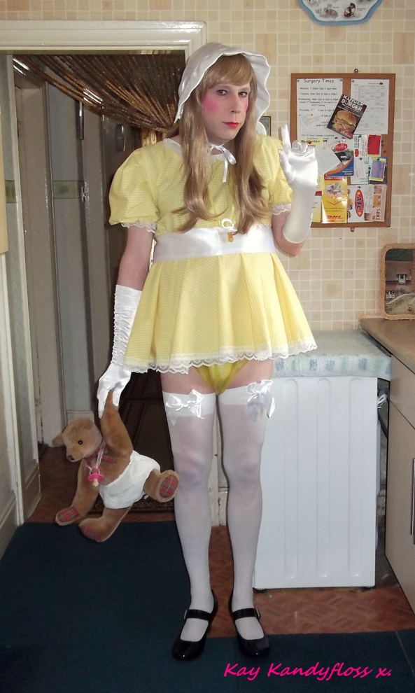 Sissy Baby Kay - in yellow and white today. - Hiya! Mistress wanted me to be a little sissy baby today with Sammy Sissybear. :-), sissy,sissy baby,humiliation,baby clothes,nappies,diapers,plastic panties,dresses,, Adult Babies,Feminization,Dominating Mistress Or Master,Dolled Up,Diaper Lovers