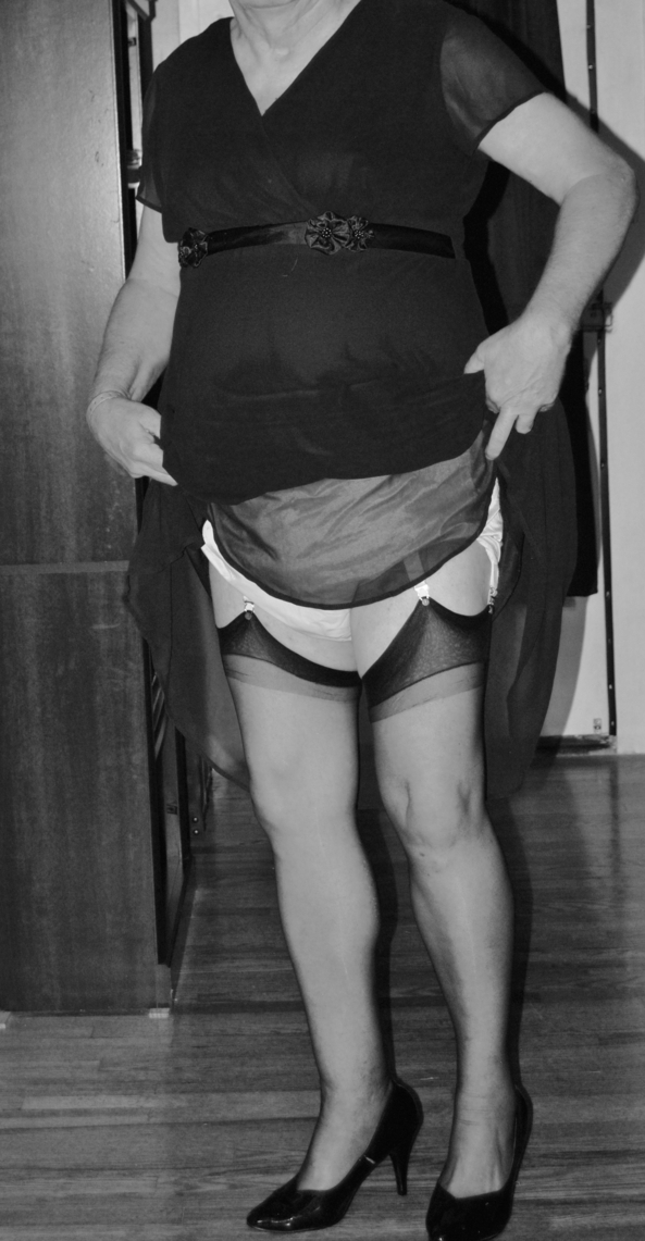 Black & White Shots - Blue Chiffon over Satin w/Nylons Diaper Plastic Panties, Crossdresser Diaper AB DL, Feminization,Adult Babies,Sissy Fashion,Diaper Lovers,Dolled Up