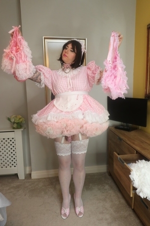 Latex Rubber Panties Stretched Over A Thick Diaper - While Wearing A Pretty Pink Dress, Nylons & Heels, ABDL Sissy Crossdresser, Adult Babies,Feminization,Sissy Fashion,Diaper Lovers,Bondage,Dolled Up