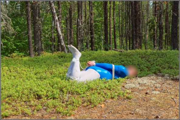 Bound in wood 2 - Part 1, gymnast,leotard,shiny,blue,metallic,forest,wood,outdoor,bound,bondage, Body Suits,Sissy Fashion,Fairytale,Bondage