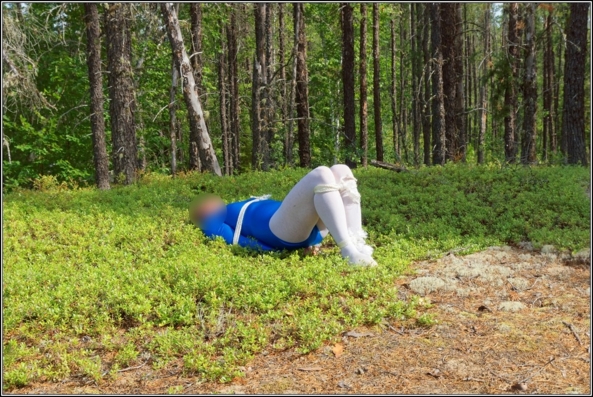 Bound in wood 2 - Part 1, gymnast,leotard,shiny,blue,metallic,forest,wood,outdoor,bound,bondage, Body Suits,Sissy Fashion,Fairytale,Bondage