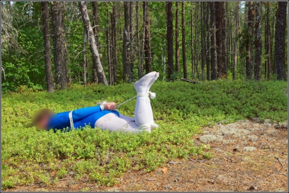 Bound in wood 2 - Part 1, gymnast,leotard,shiny,blue,metallic,forest,wood,outdoor,bound,bondage, Body Suits,Sissy Fashion,Fairytale,Bondage