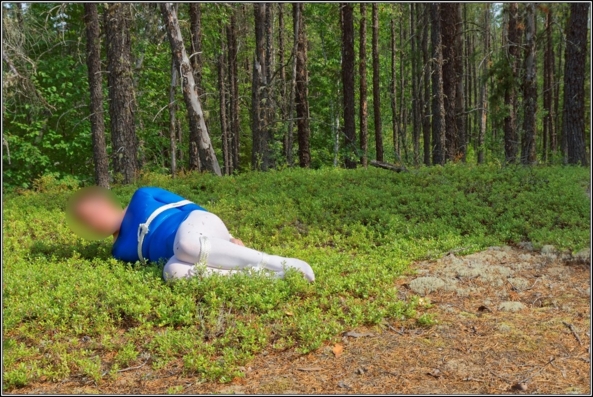 Bound in wood 2 - Part 1, gymnast,leotard,shiny,blue,metallic,forest,wood,outdoor,bound,bondage, Body Suits,Sissy Fashion,Fairytale,Bondage