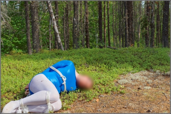 Bound in wood 2 - Part 1, gymnast,leotard,shiny,blue,metallic,forest,wood,outdoor,bound,bondage, Body Suits,Sissy Fashion,Fairytale,Bondage