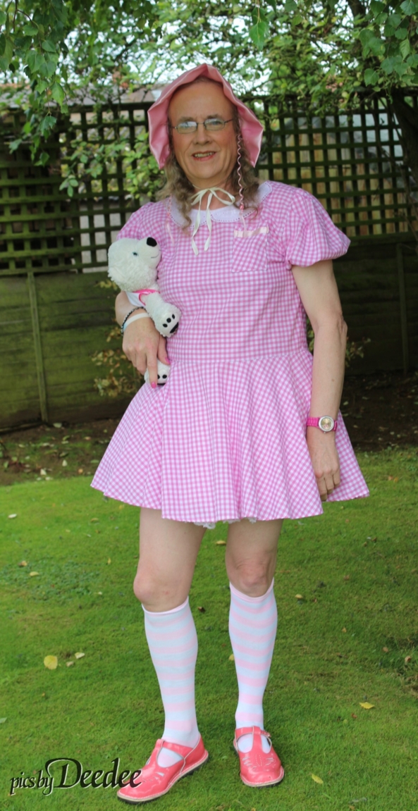 Deedee at Kay's - Me in my sissy sister Kay's garden, pink,gingham dress,pink sandals,stripey socks, Sissy Fashion,Adult Babies,Diaper Lovers,Dolled Up