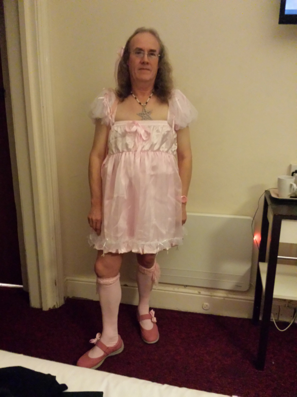 My first outing in a sissy dress in public - This was me in the hotel room just before going down to the bar at a fetish party, pink,sissy dress, Sissy Fashion