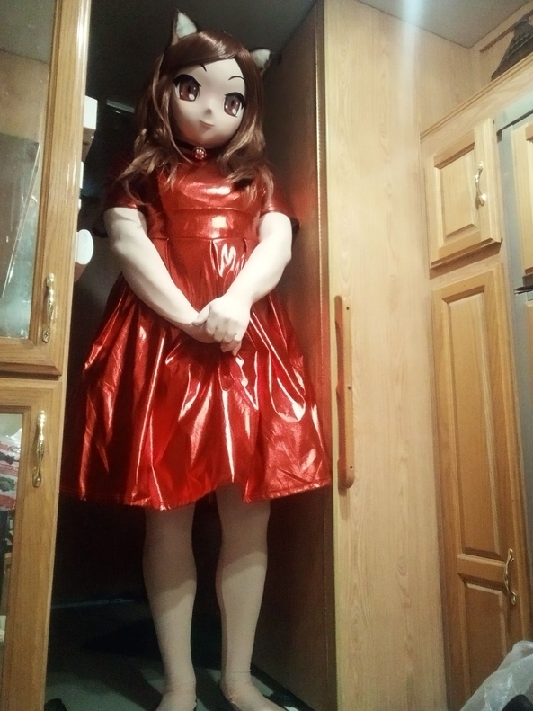 Red shiney dress - Red shiney dress, Female masking, Dolled Up,Feminization