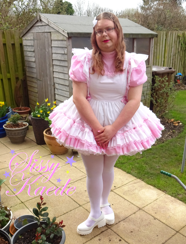 White and pink Kaede - Love white tights and these shoes go well with the outfit, sissy,sissy dress,frilly,prissy,tight,nappy, Sissy Fashion,Dolled Up