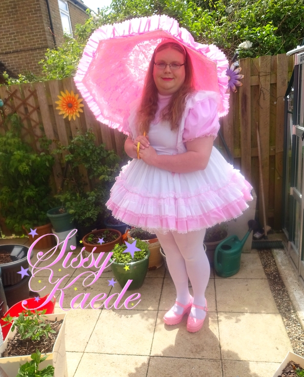 New Parasol - Just showing off with my new parasol, sissy,sissy dress,parasol,frilly,prissy,pink, Sissy Fashion,Dolled Up